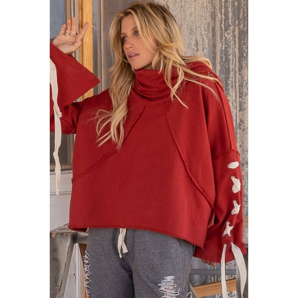 POL Anthropology Oversized Sz (L) Sweater Hoodie Burnt Orange Ribbons Boho Lagen